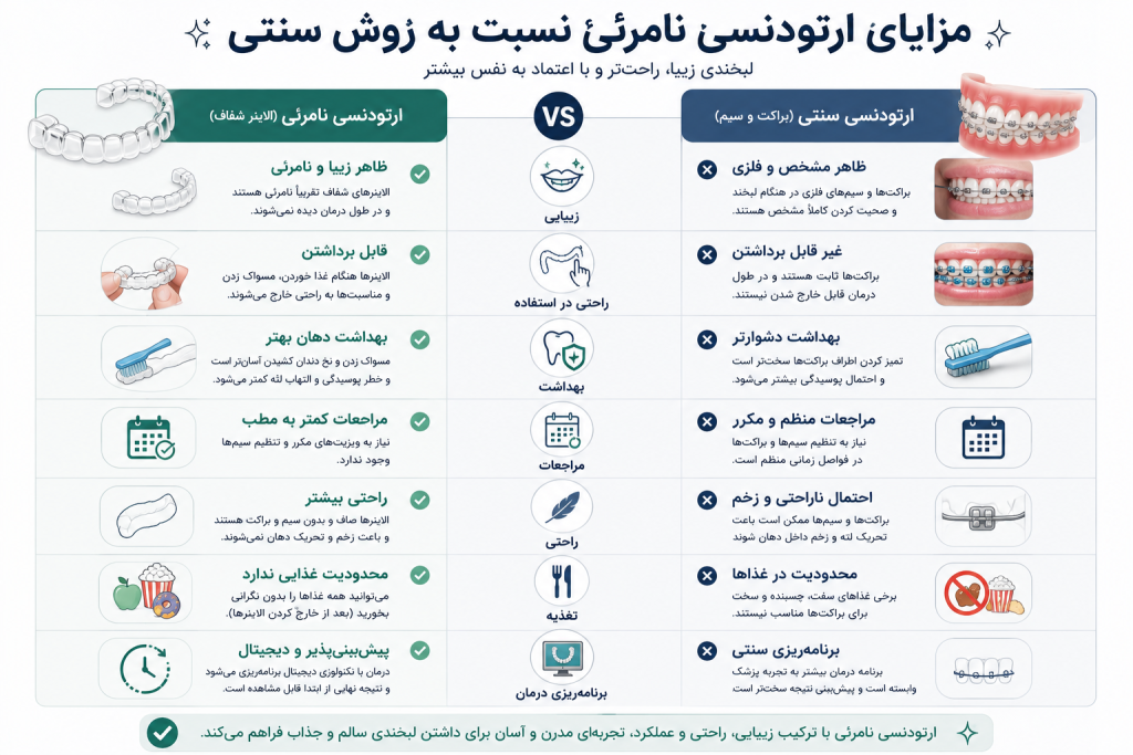 دیاگرام مقایسه مزایای ارتودنسی نامرئی و روش سنتی شامل زیبایی، قابلیت برداشتن، بهداشت دهان، راحتی، محدودیت غذایی و برنامهریزی دیجیتال درمان.